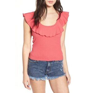 BP. Ruffle Rib Knit Tank Pink Coral Ruffle Size Large Sz L New Without Tag